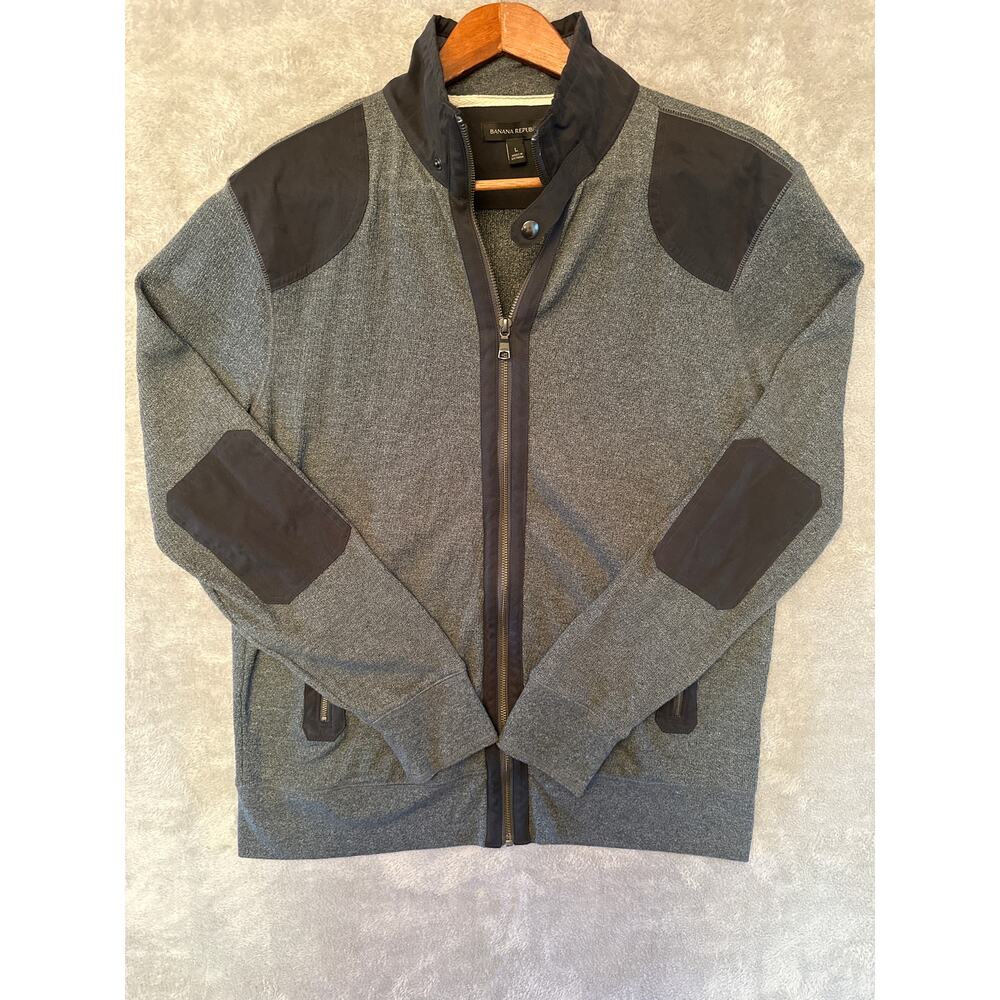 Banana Republic 90s Y2K Full Zip Mock Callar Elbow Patch Sleeve Jacket L Grey